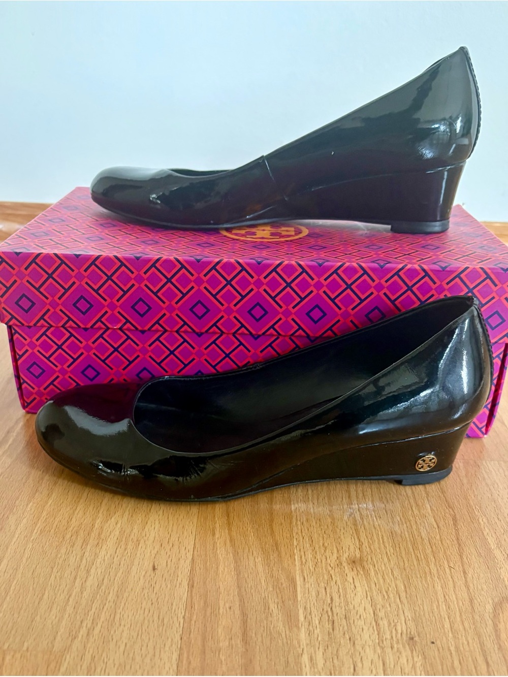 Tory Burch Black Patent Leather Round-Toe Wedge Pumps